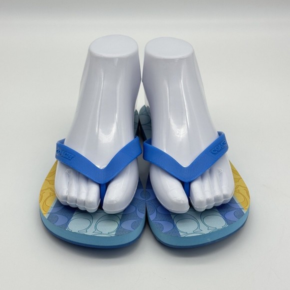 NWOT Coach Logo Zak Beach Thong Flip Flop Sandals Blue/Yellow Women’s Size 6 B - Picture 3 of 16